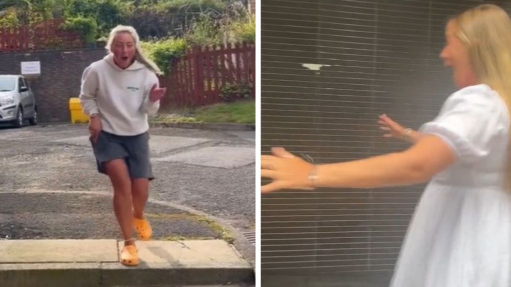 Left image shows a person running around a corner and stopping in surprise. Right image shows a woman screaming in surprise when she notices her friend's pregnancy.