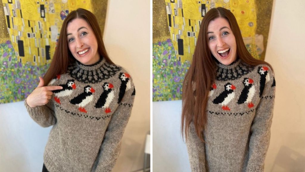Images show a very happy person wearing a puffin sweater that was gifted to her.