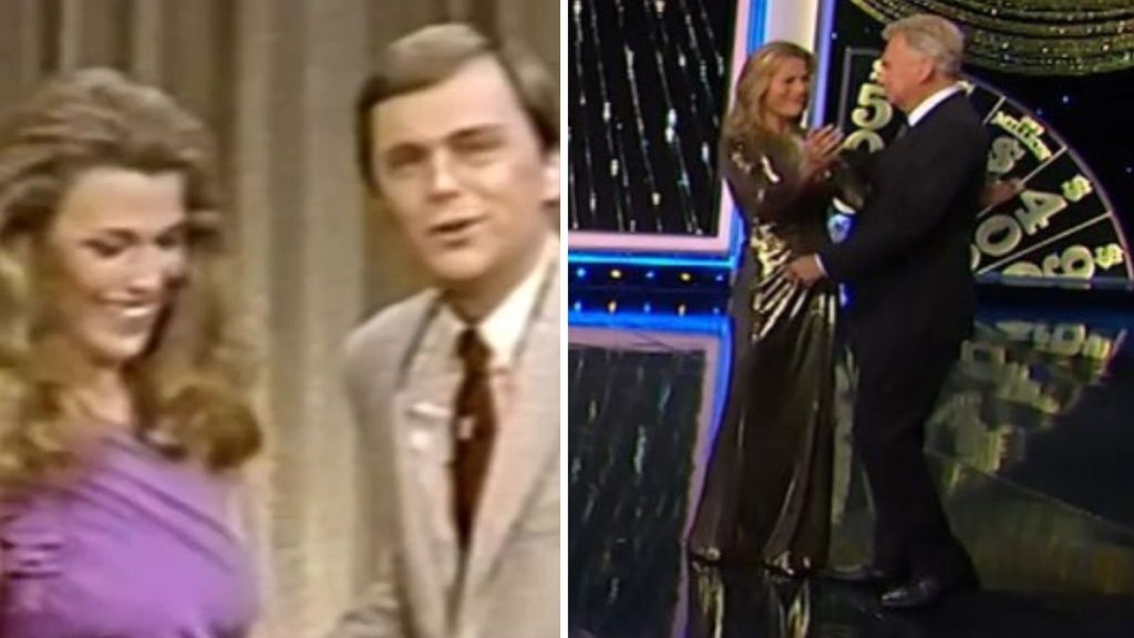 Left image shows Vanna White and Pat Sajak on one of their first shows together. Right image shows the pair sharing a hug on Pat's final show.