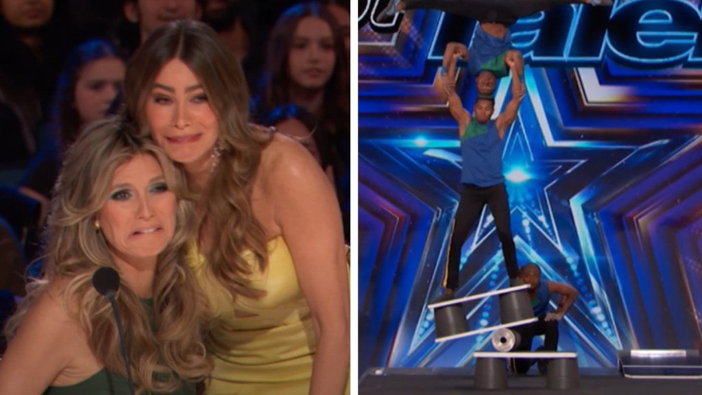 A two-photo collage. The first shows Heidi Klum and Sofía Vergara holding onto each other, pained expressions on their face from fear. The second image show an acrobatic group performing. While one balances on a rolling platform, another is balanced while holding their arms, feet straight up in the air. Their balance if off, seeming like they're about to fall