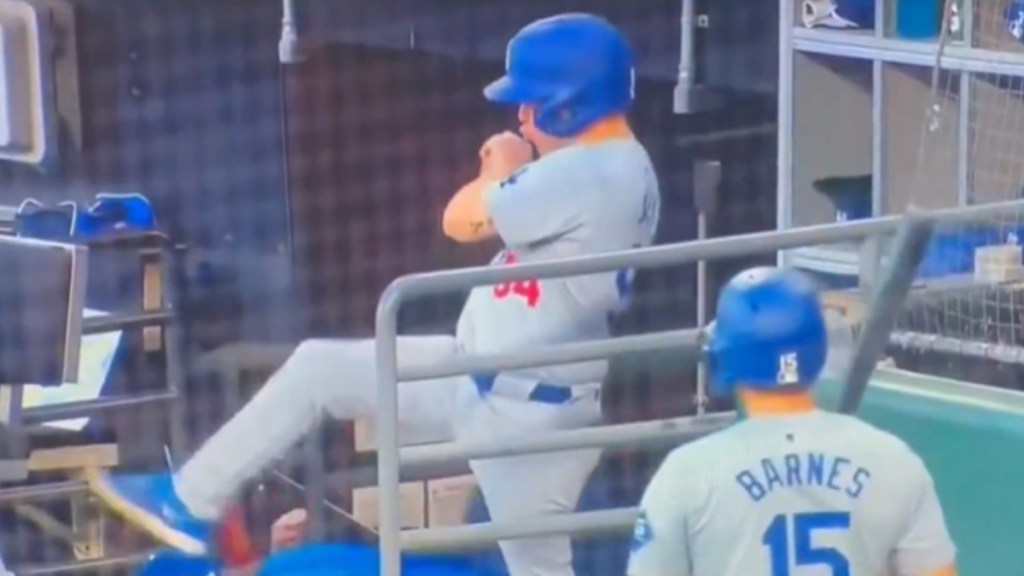 A batboy raises a leg int he air as he narrowly catches the ball from the dugout