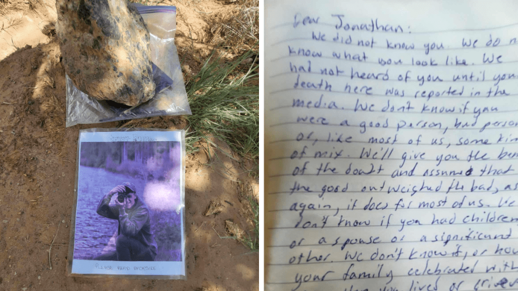 a photo of jonathan on the ground next to a photo of a journal entry from strangers to jonathan