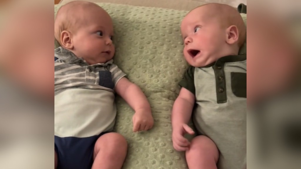 Newborn twins lay next to each other. One is looking at the other, eyes wide. The second has his mouth wide open, surprised.