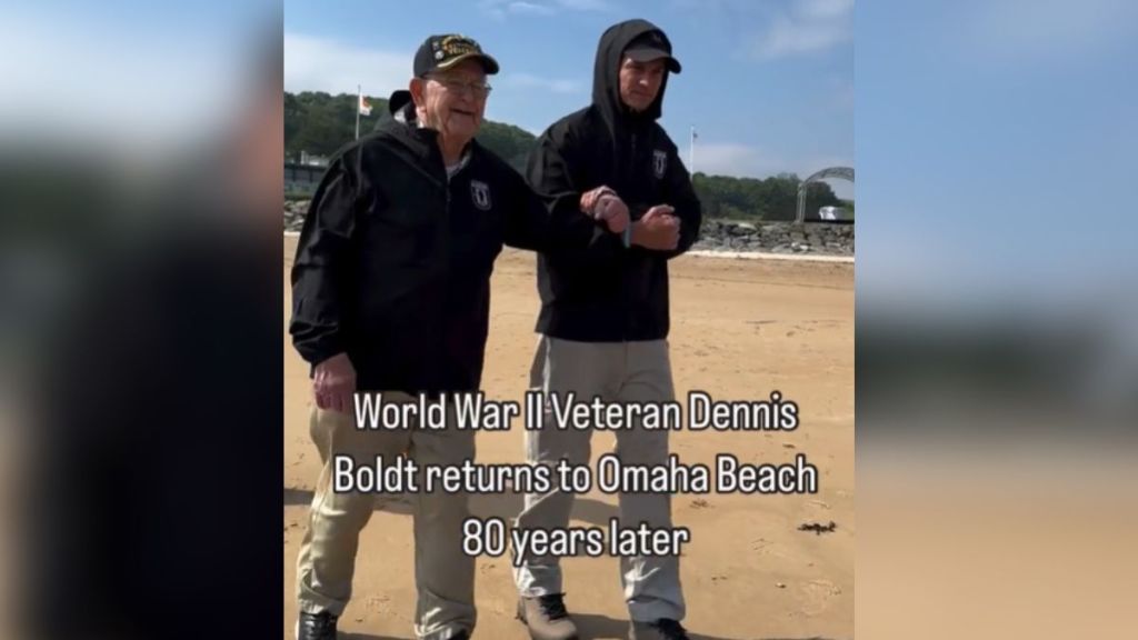 A younger man walks an elderly veteran across a sandy beach.