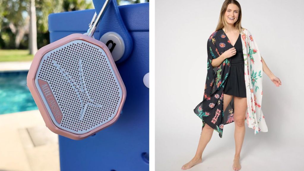 A portable speaker and a woman in a cover up.