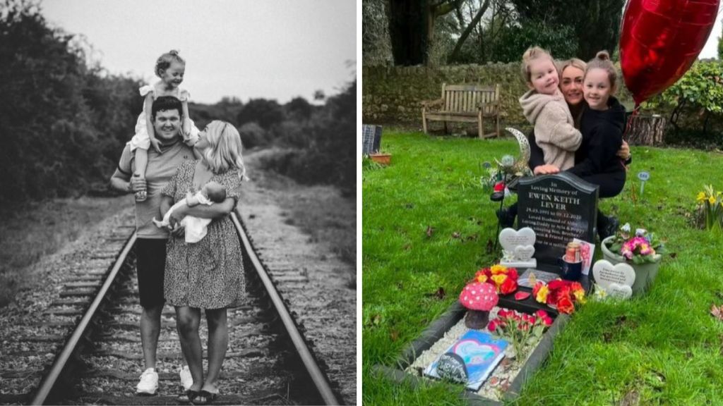 Left image shows Abby Lever, Husband, Ewen, and two daughters. Right image shows the girls visiting their father's grave on Valentine's Day.