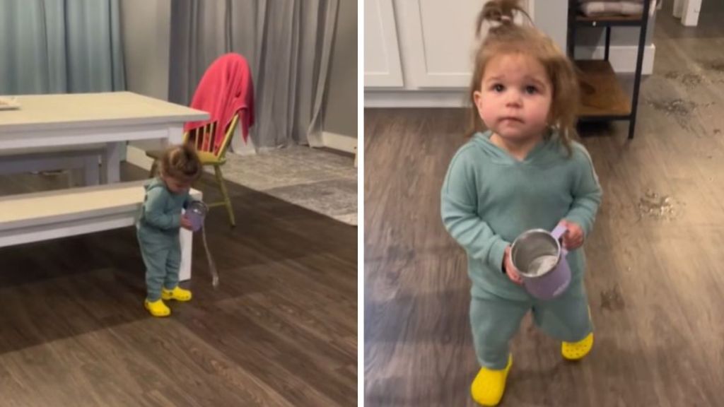 Left image shows a toddler spilling a full cup of water while trying to be careful. Right image shows the same toddler ready to hand the almost empty cup to her dad.