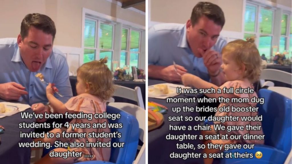 Images show a toddler daughter feeding her dad at a wedding.