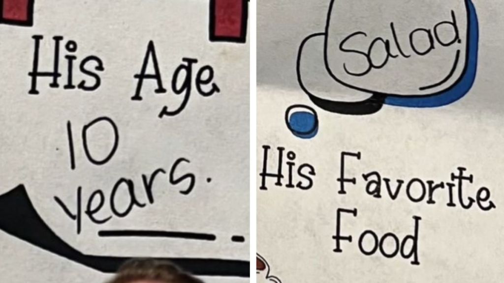 Images show questions from a Kindergarten worksheet with incorrect answers about a dad's age and favorite food.