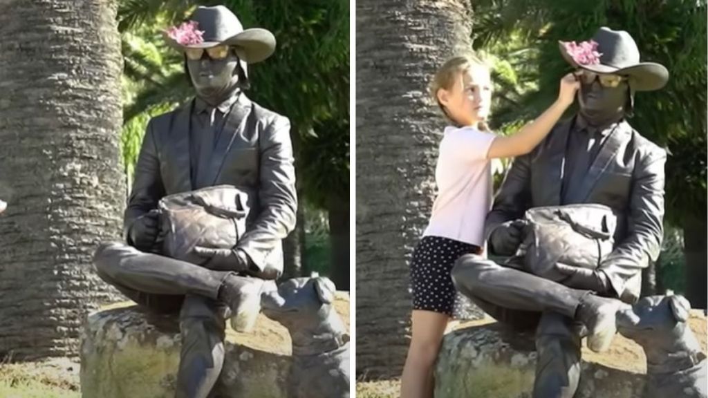 Left image shows a man posing as a human statue. Right image shows a small girl touching the statue as it begins to tip.