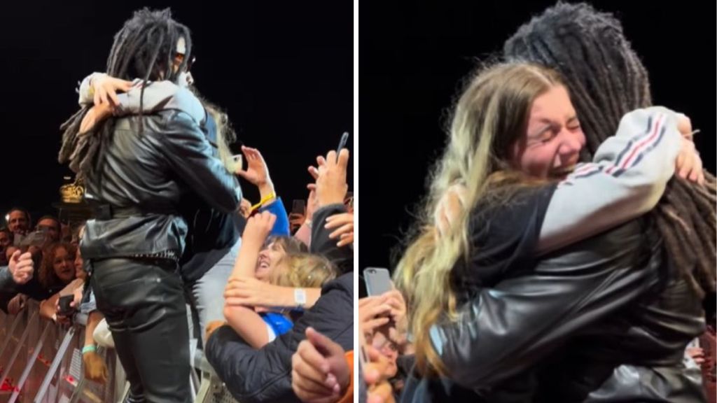 Images show Lenny Kravitz embracing a fan as she sobs.