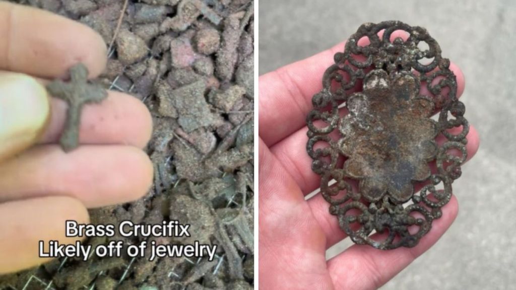 Left image shows a small crucifix. Right image shows a Victorian-era sash buckle. Both items were metal detector finds.