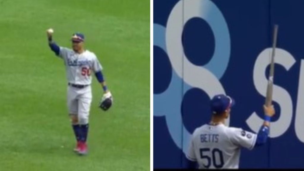 Left image shows Mookie Betts holding up the homerun ball hit by Cincinnati Reds rookie TJ Friedl. Right image shows Mookie carrying the bat he traded fans for the ball.