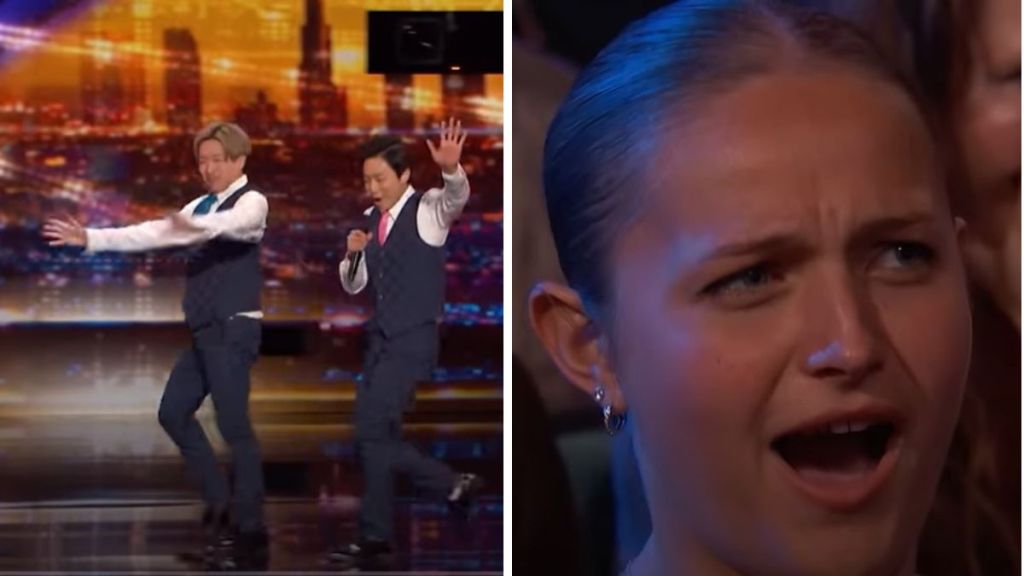 Left image shows the Schumacher Duo entering the AGT stage. Right image shows the astonished face of an audience member while watching the show.