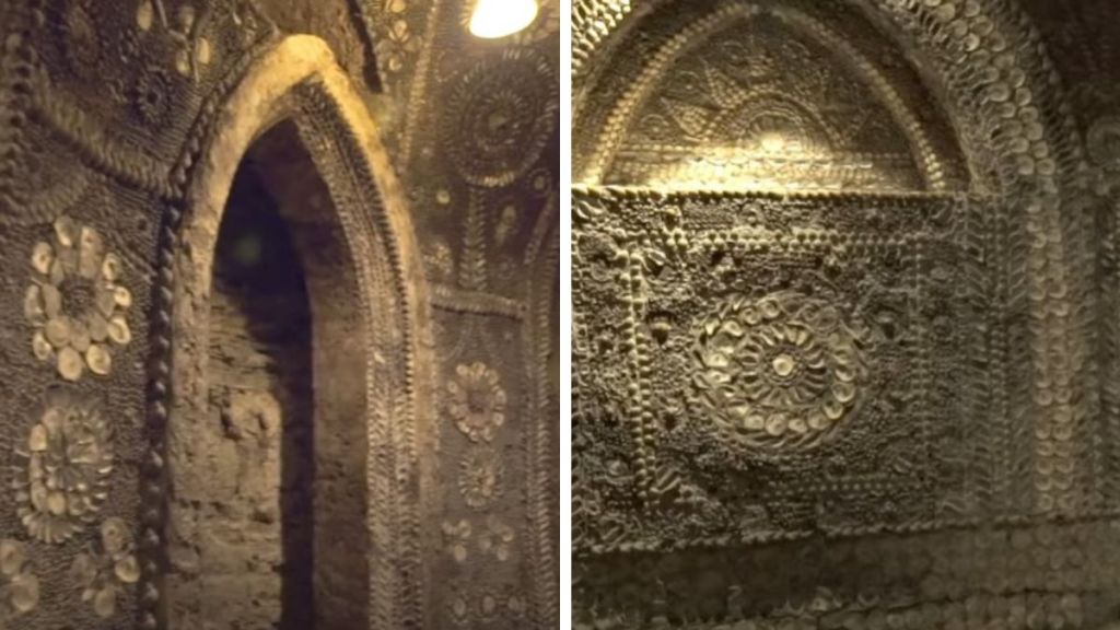 Left image shows an archway inside the shell grotto and some of the ornate mosaic designs. Right image shows one wall in the rectangular south chamber.