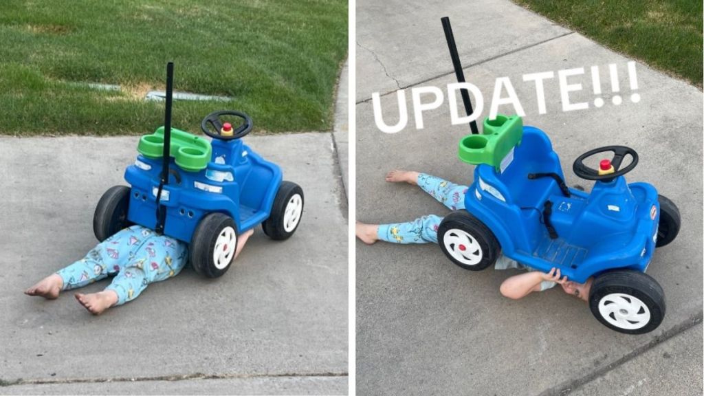 Images show a precocious toddler imitating her dad by pretending to work under a toy car.