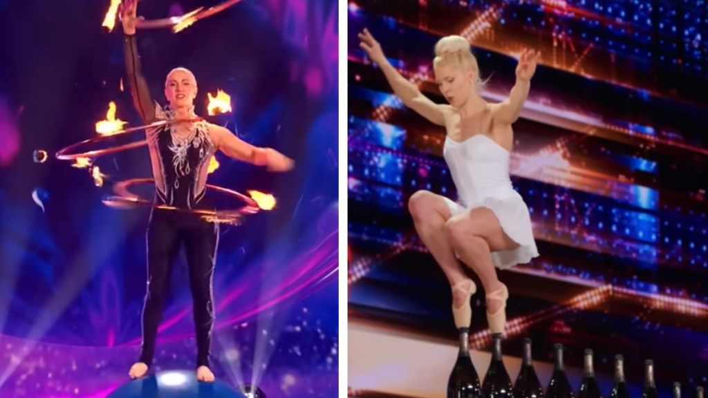 A two-photo collage. The first shows a woman balancing on a large ball as she spins rings of fire around her body. The second image shows a woman squatting as she balances her feet in two separate bottles from high up