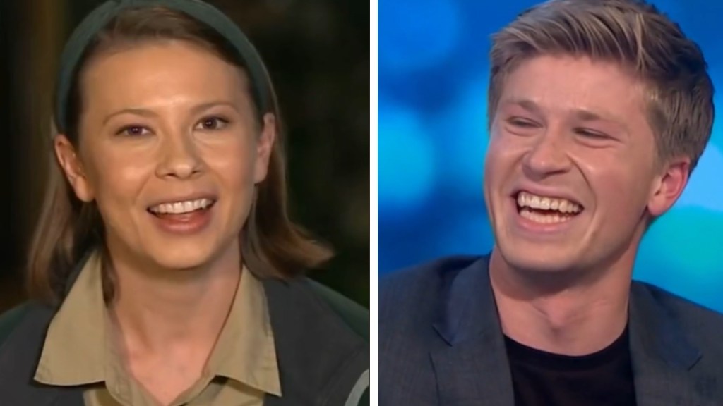 A two-photo collage. The first shows a smiling Bindi Irwin as she talks. The second image shows a laughing Robert Irwin