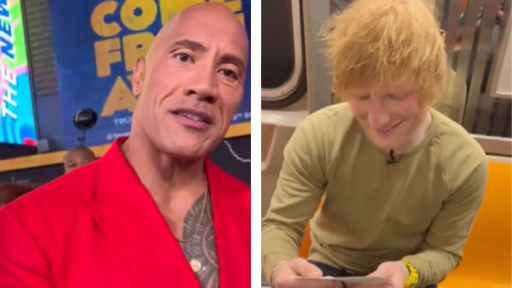 Dwayne Johnson and Ed Sheeran react to portraits of themselves.