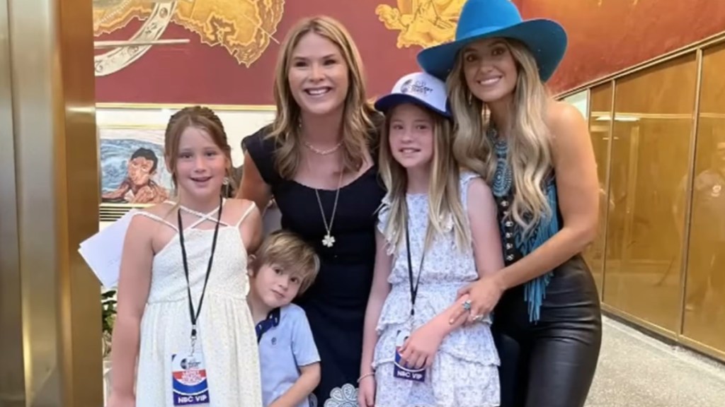 Jenna Bush and her three kids, including Hal Hager, smile as they pose with Lainey Wilson. Hal stands next to his mom shyly. His mom and sister stand between him and Wilson.