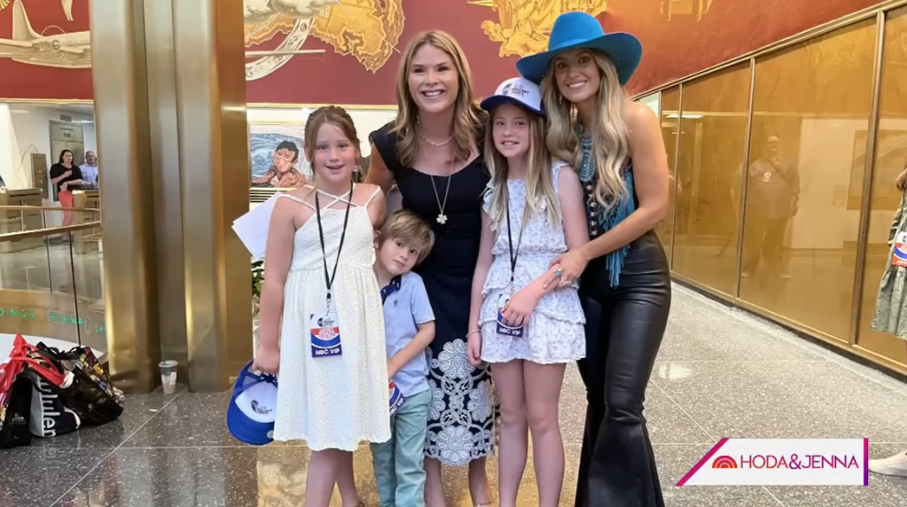 Jenna Bush and her three kids, including Hal Hager, smile as they pose with Lainey Wilson. Hal stands next to his mom shyly. His mom and sister stand between him and Wilson.