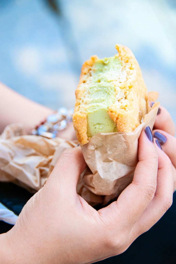 Close up of hands holding onto a partially wrapped and bitten into ice cream sandwich 