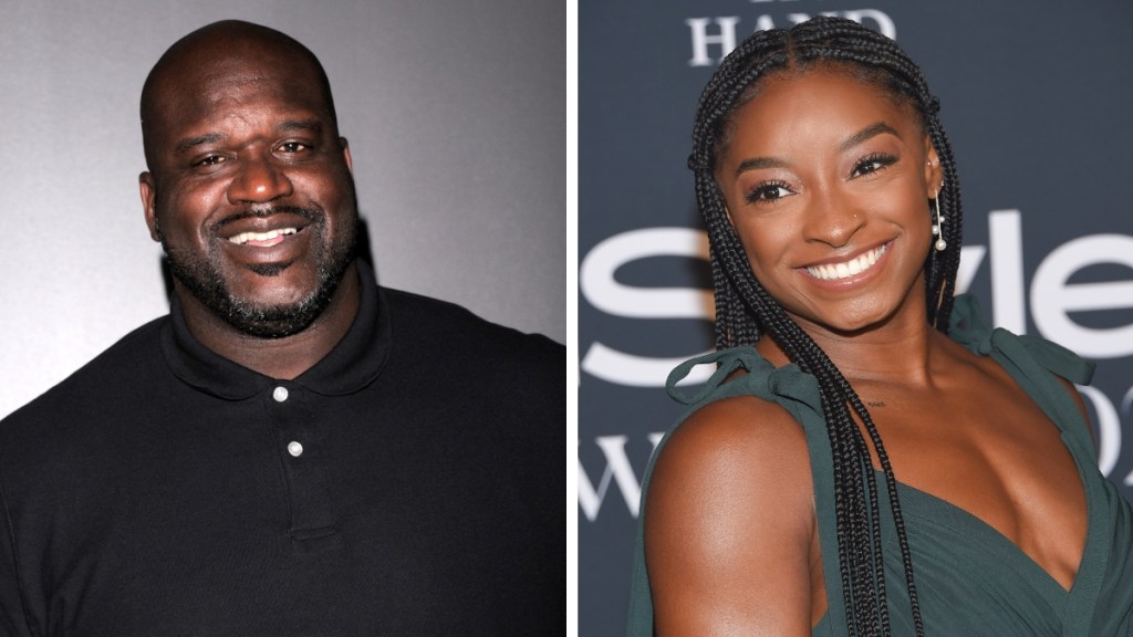 A two-photo collage. The first shows a close up of Shaq smiling. The second shows Simone Biles smiling