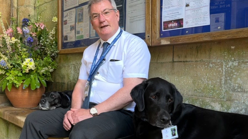 A man talks as he sits on a church bench. On one side of him there's a black Lab who is looking around curiously. On the other side, another black Lab rests their head on the man's lap.