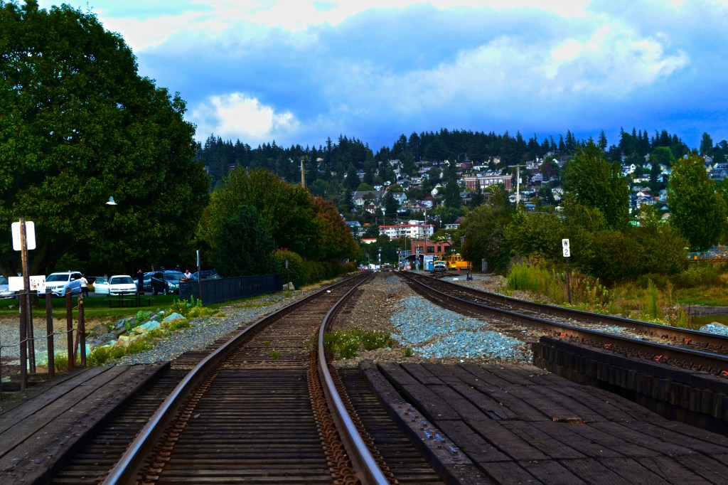 Train tracks leading toward a town with lots of trees. 