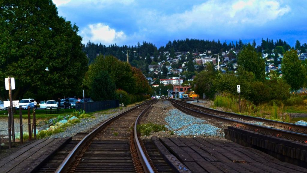 Train tracks leading toward a town with lots of trees.