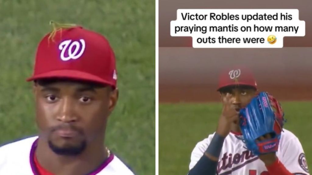 Left image shows Victor Robles standing in Center Field with a praying mantis on his baseball cap. Right image shows Victor Robles updating the mantis on how many out had/