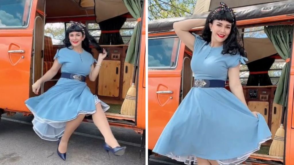 Images show a model posing with a vintage VW Bus (van) during a car show.