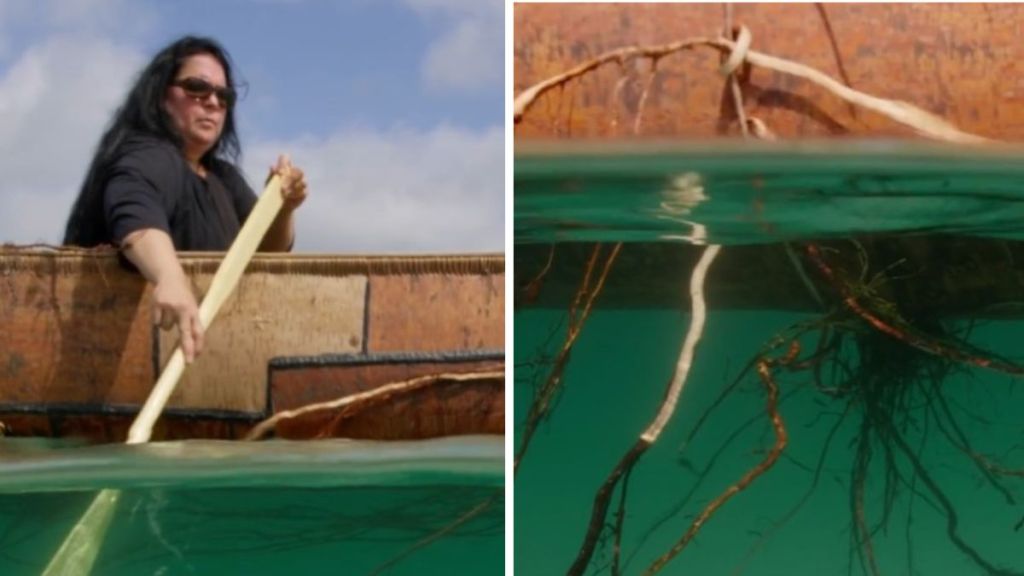 Left image shows a Mi'kmaw woman paddling a canoe in the Atlantic Ocean. Right image shows spruce roots tied to the bottom of the canoe to deter white sharks.