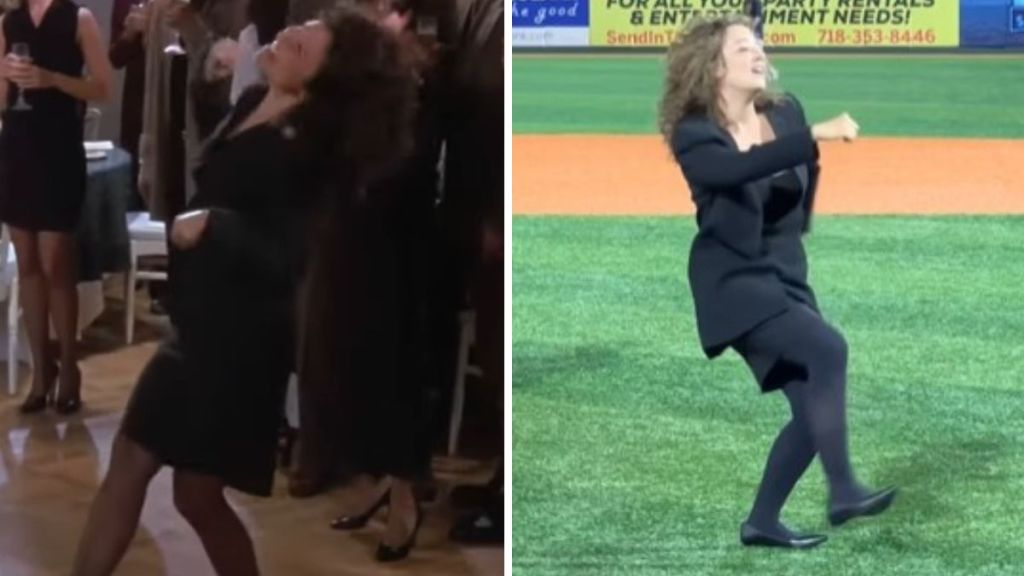 Left image shows Julia Louis-Dreyfus in the iconic Seinfeld dance clip. Right image shows dance contest winner Shannon Kintner showing off the moves that won.