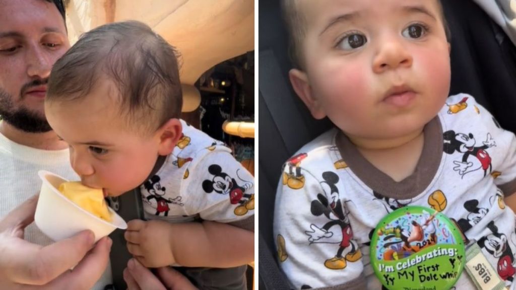 Left image shows a toddler's first taste of Dole Whip. Right image shows the pin he was awarded after this rite of passage.