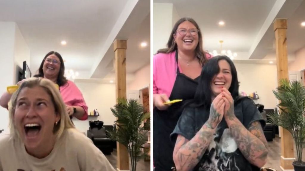 Images show hair stylist and clients laughing when she pulls a prank on them.