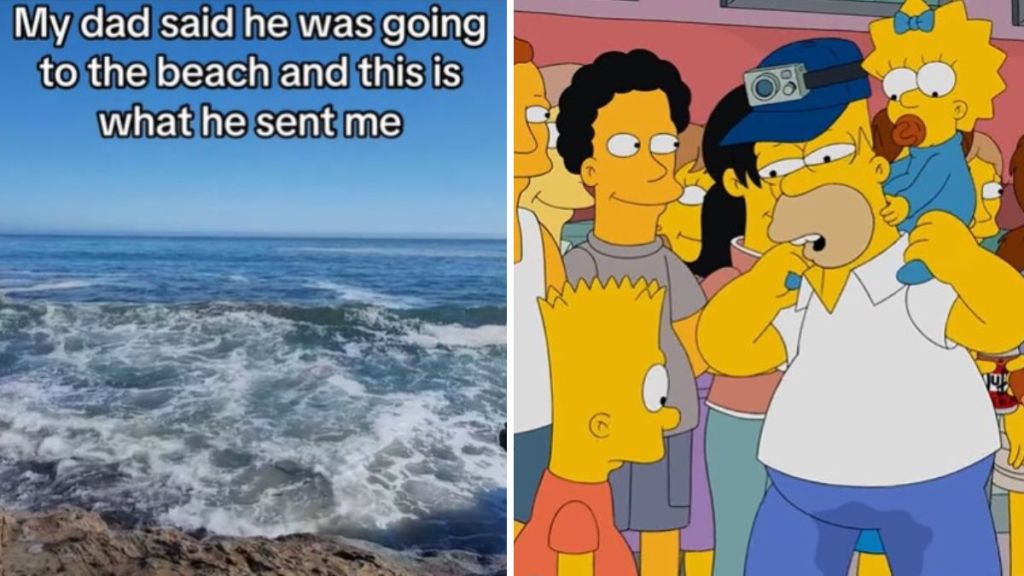 Left image shows a beach scene with waves rolling up on the rocks. Right image shows Homer Simpson being a good dad (for a change).