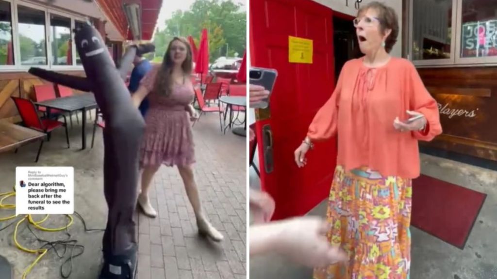 Left image shows an inflatable man that a man requested for his funeral. Right image shows his widow seeing the crowds at her husband's wake right before she sees the inflatable man.