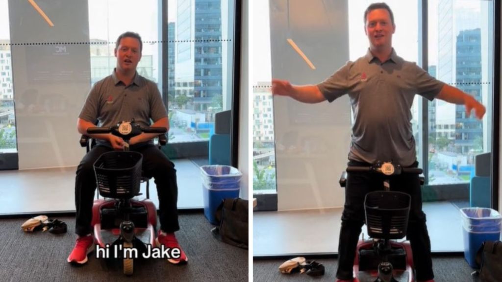 Left image shows Jake Haendel’ sitting on a motorized mobility scooter. Right image shows for formally paralyzed man standing without assistance after suffering from locked-in syndrome.