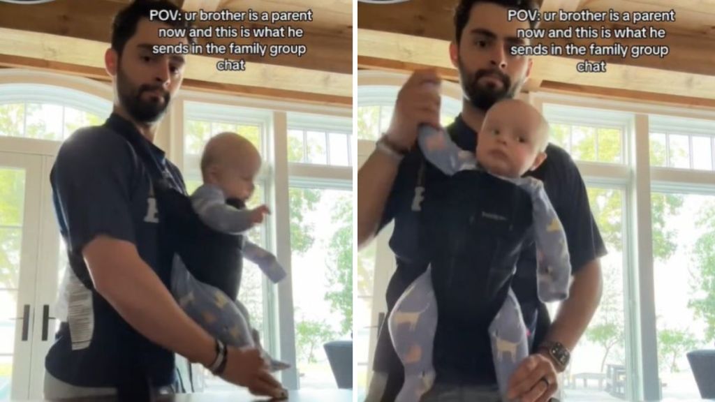 Images show a new dad with his baby in a front-facing backpack carrier helping his baby "dance" to a Michael Jackson song.