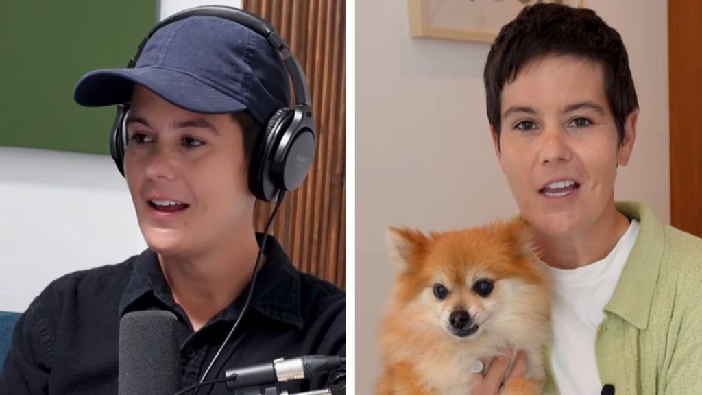 Left image shows Jax Irwin on a prank call talking with an elderly woman. Right image shows Jax posing with her dog, Reggie.