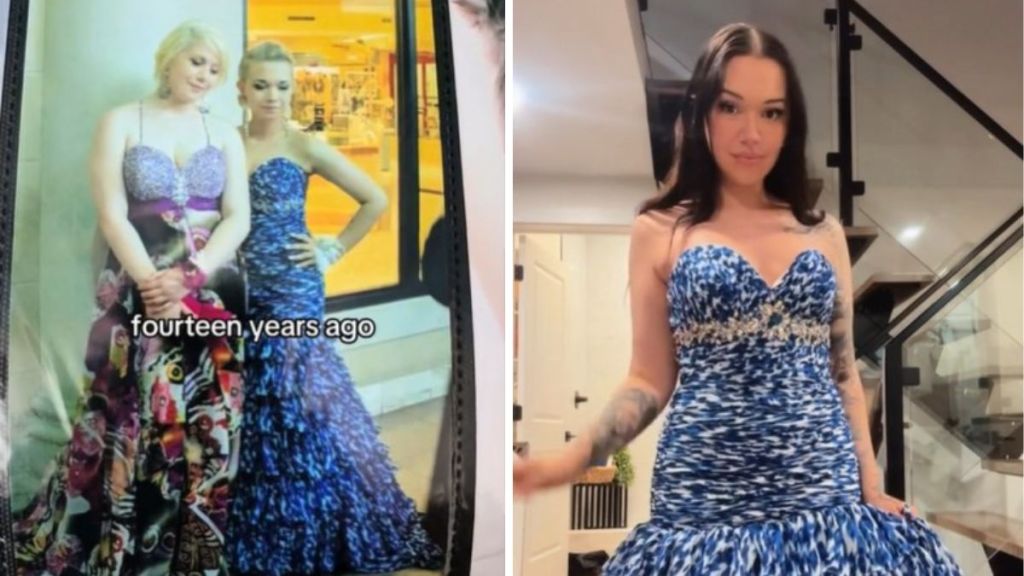 Left image shows Jillea wearing the dress at her high school prom. Right image shows Jillea wearing the dress when she found it in the thrift store after 14 years.