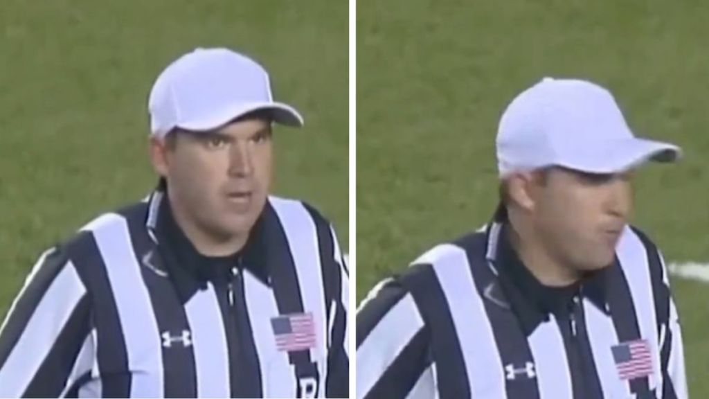 Images show a college football referee saying, "Ladies and gentlemen, please refrain from shooting lasers onto the field. Thank you."