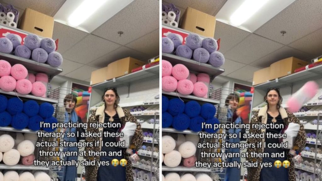 Left image shows a man asking two strangers if he can throw yarn at them for his rejection therapy. Right image shows yarn being throw because they said "Yes."