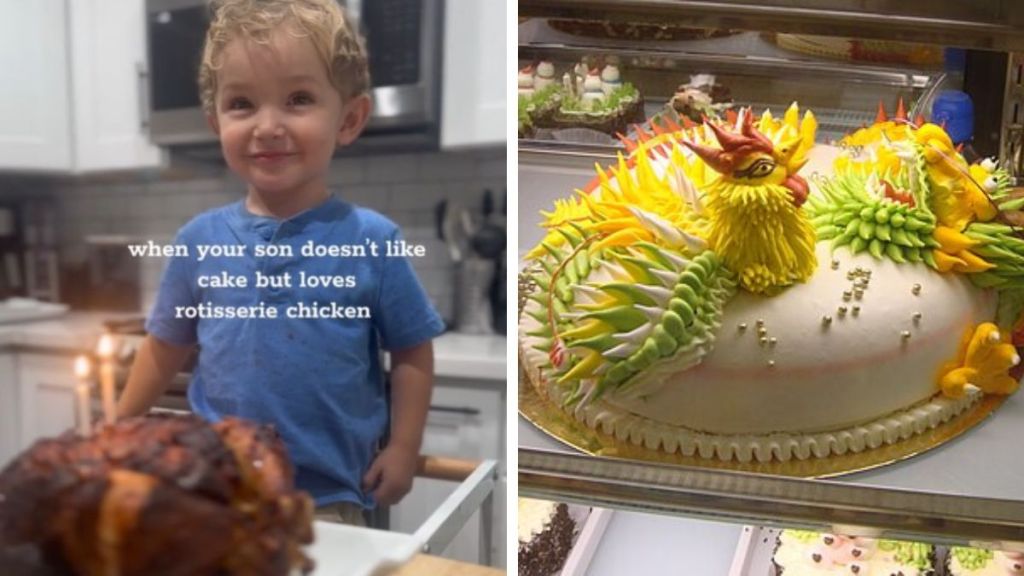 Left image shows a small boy with two birthday candles in a rotisserie chicken "cake." Right image shows a professionally made cake shaped like a rooster.