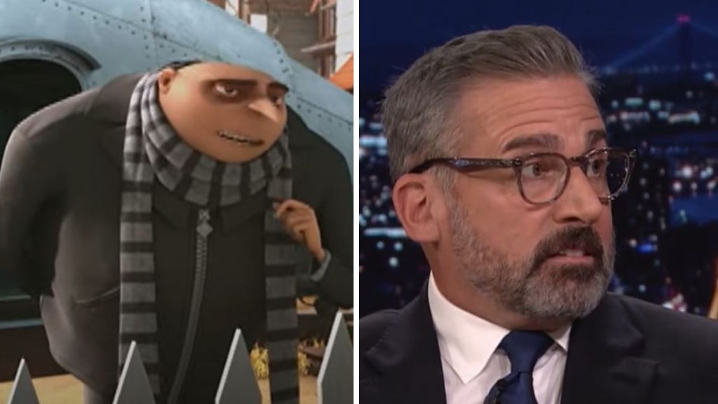 Left image shows cartoon villain Gru from Despicable Me. Right image shows actor Steve Carell who does the voice of Gru for the movies.