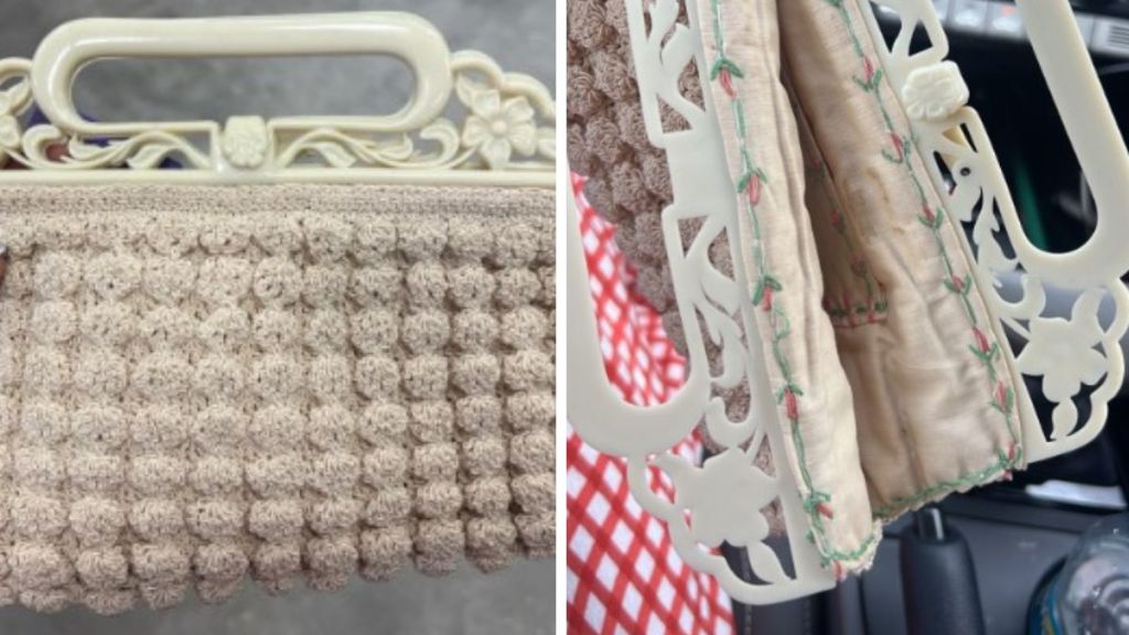 Left image shows a thrift store purse. Right image shows the handbag's intricate stitching attaching the handle to the bag.