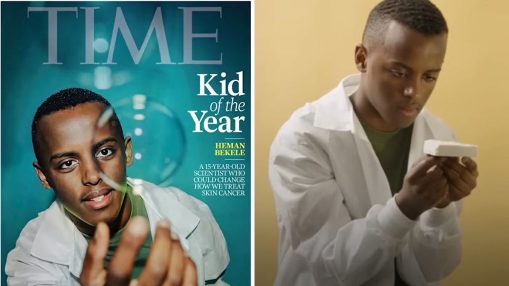 Left image shows Time Kid of the Year Hemen Bekele on the magazine cover. Right image shows Hemen holding his invention -- a cancer-curing soap.