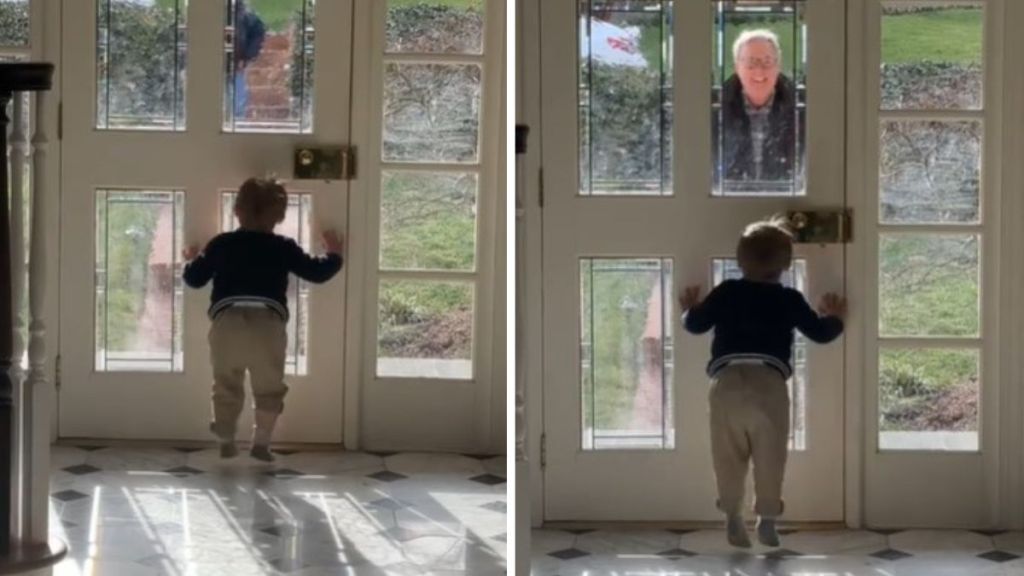 Images show a toddler jumping up and down with excitement as his grandpa comes for a visit.