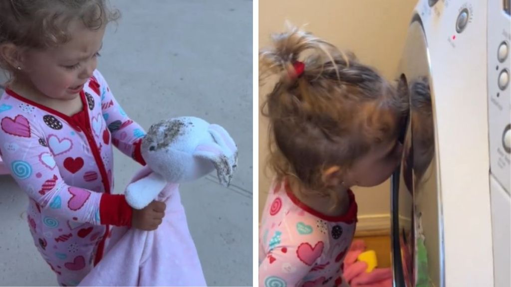 Left image shows a toddler crying because her stuffed bunny is dirty. Right image shows the toddler kissing the washing machine as her bunny gets cleaned.